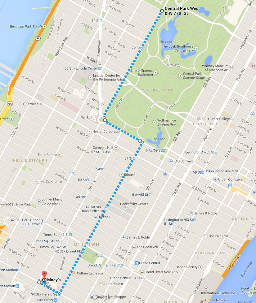 ... ) 2014 Macyâ€™s Thanksgiving Day Parade route â€“ Image: Google Maps